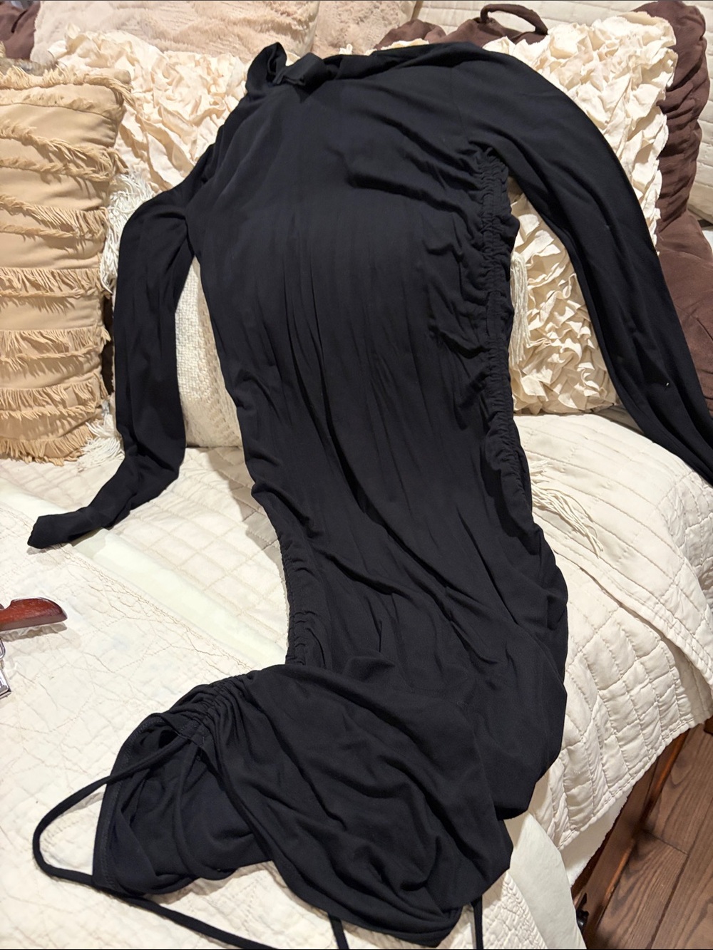 Women's Long Black Ruched Sleeve Dress